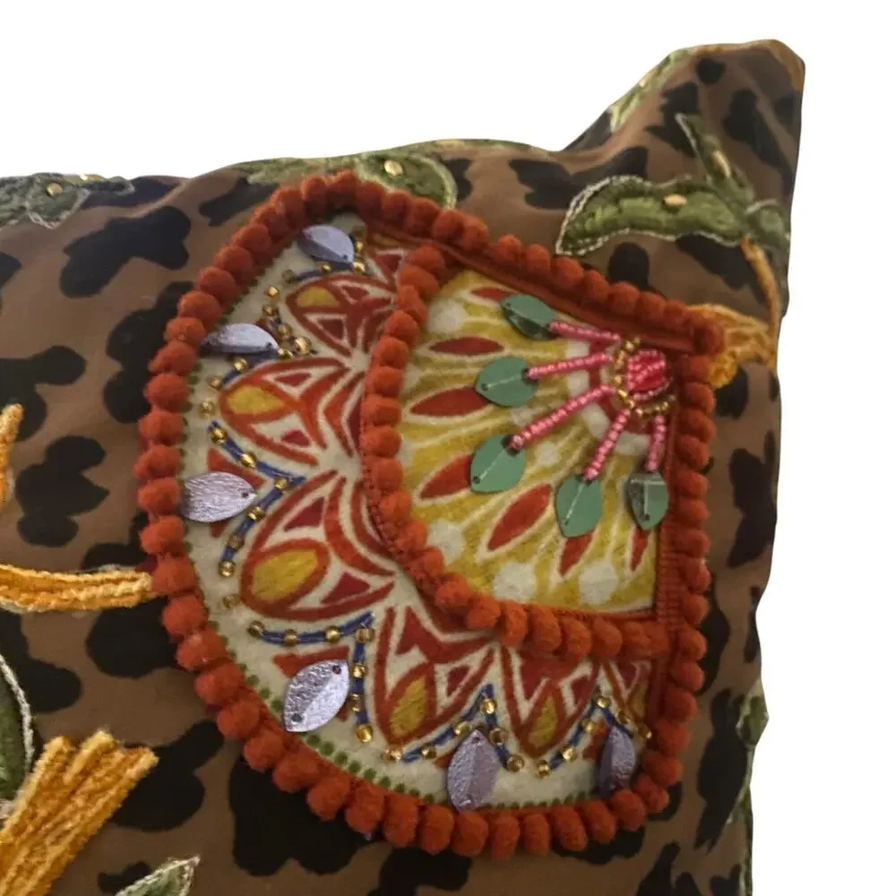 Handmade Decorative Accent Pillow with Embroidered Beaded Accents & Animal Print